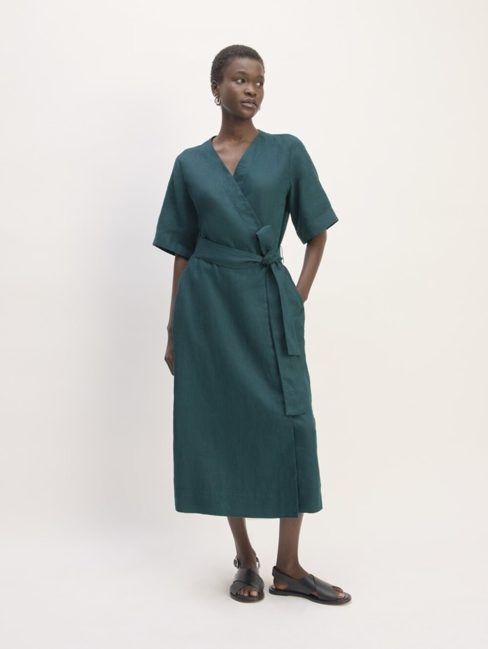 .. Everlane The Wrap Dress in Linen, Dark Sea (S)